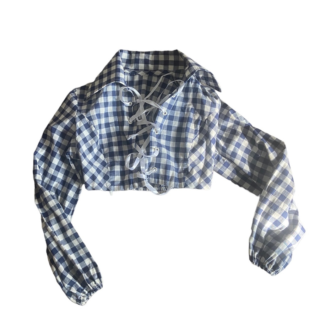 Blue Plaid Laced up Cropped Top